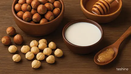 فندق خام تازه، عسل طبیعی و شیر گرم بهترین روش مصرف فندق برای کبد چرب و کمک به سم زدایی و بازسازی سلول های کبد برند teshine تی شین