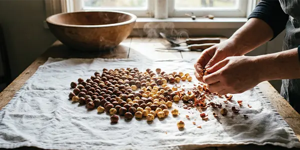 روش صحیح پوست کندن فندق داغ با حوله آشپزخانه برای کره گیری