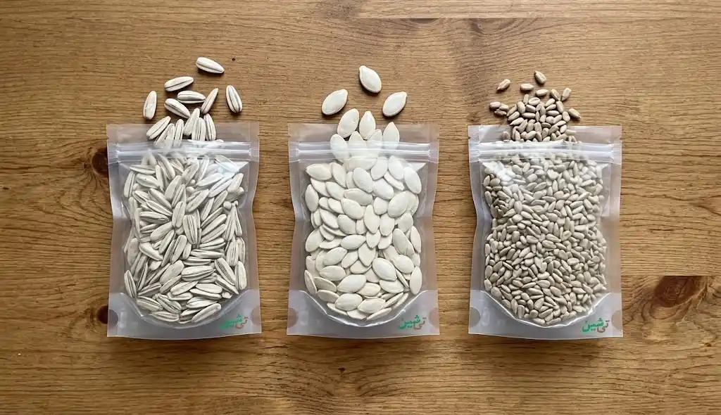 خرید تخمه تازه شامل تخمه آفتابگردان دورسفید، تخمه کدو گوشتی و مغز تخمه آفتابگردان خام تی شین