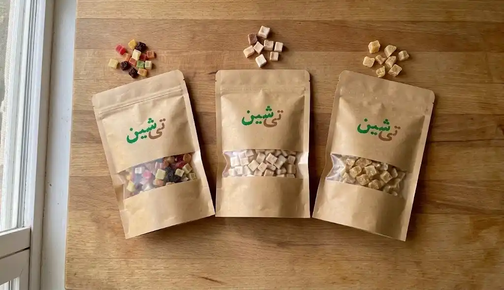 خرید میوه خشک حبه ای شامل مخلوط، نارگیل و زنجبیل در بسته بندی زیپ دار