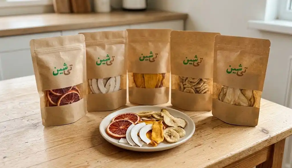 عکس واقعی مجموعه میوه خشک ورقه ای تی شین؛ ورقه های درجه یک پرتقال خونی، نارگیل، انبه، موز و گلابی خشک