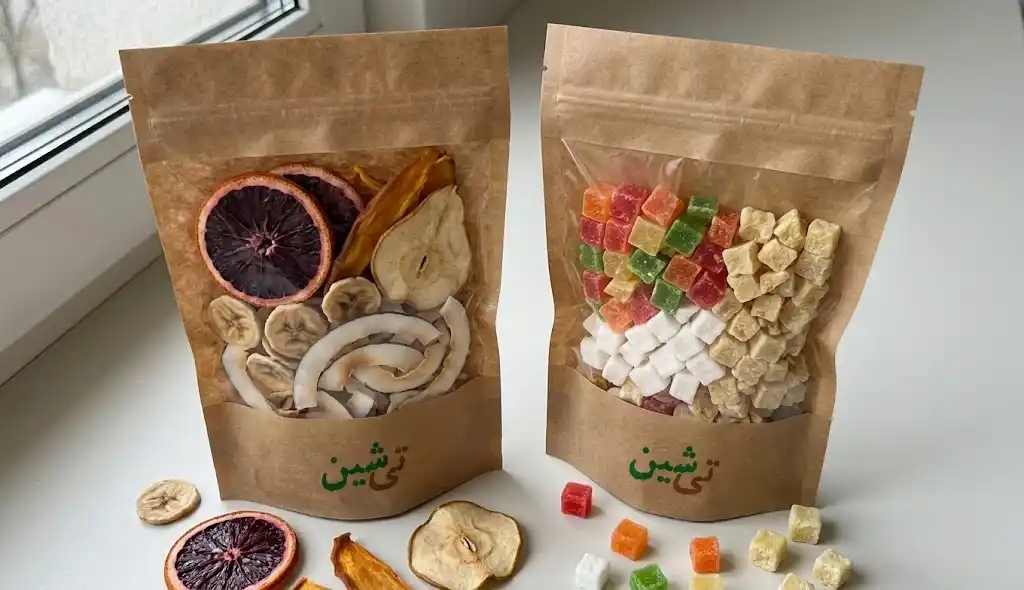 میوه خشک ورقه ای و حبه ای در بسته بندی کاغذی تی شین