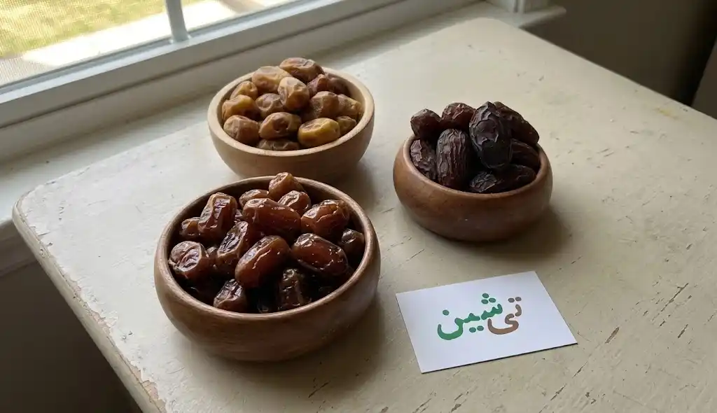 مقایسه خرما خشک زاهدی، خرما مجول و خرما کبکاب در نور طبیعی