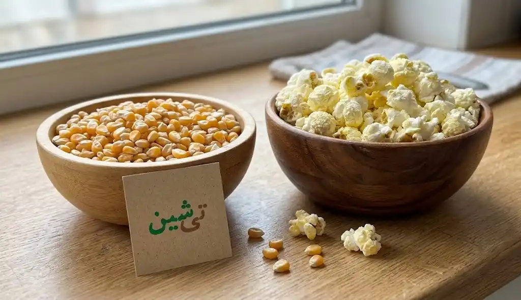خرید ذرت خام و پاپ کورن پنیری تازه در کاسه چوبی