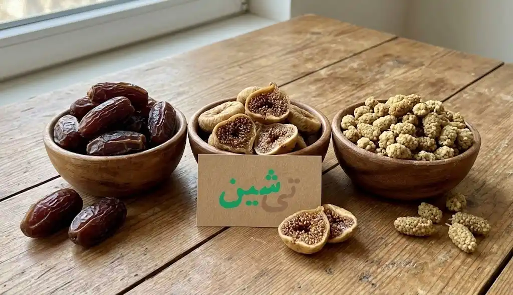 میان وعده سالم با خشکبار شامل خرما انجیر خشک و توت خشک در کاسه چوبی