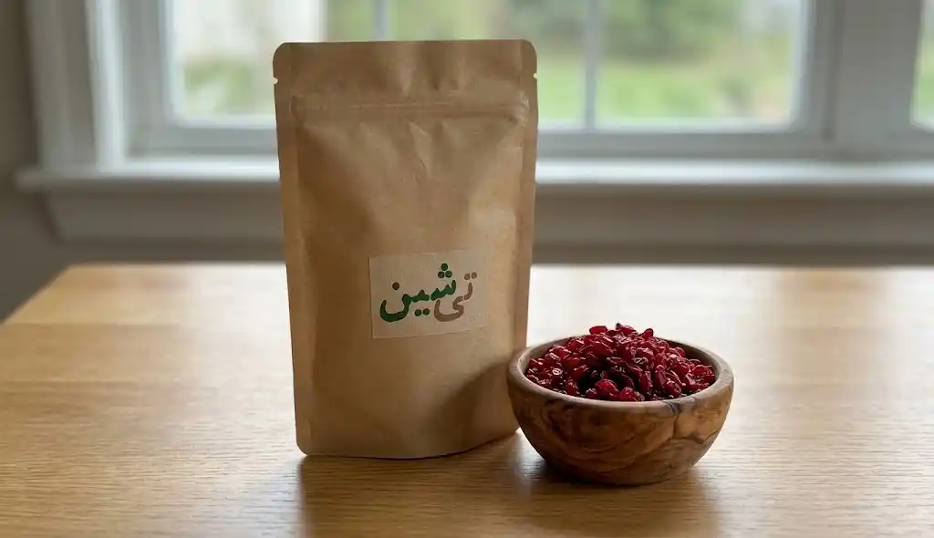 بسته بندی بهداشتی دربسته خشکبار کنار زرشک تازه با رنگ یاقوتی