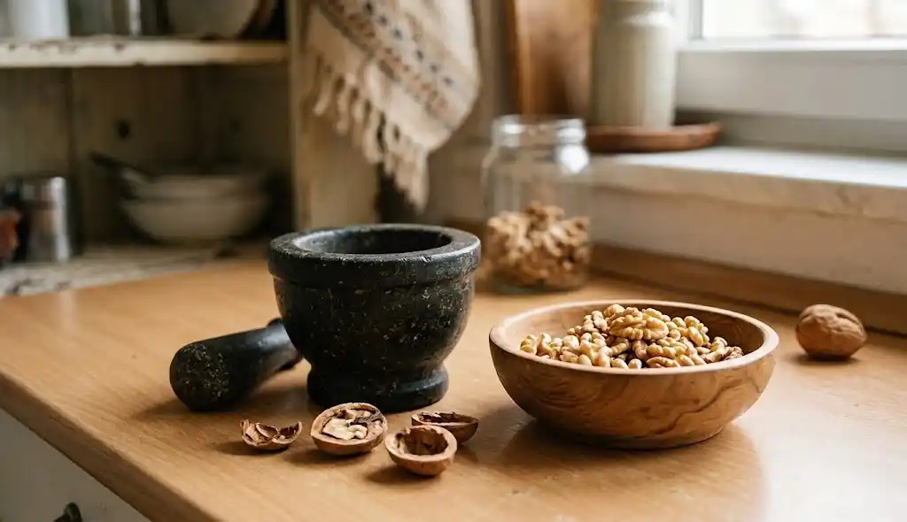 مغز گردوی تازه کنار هاون سنگی آماده برای تهیه فسنجان