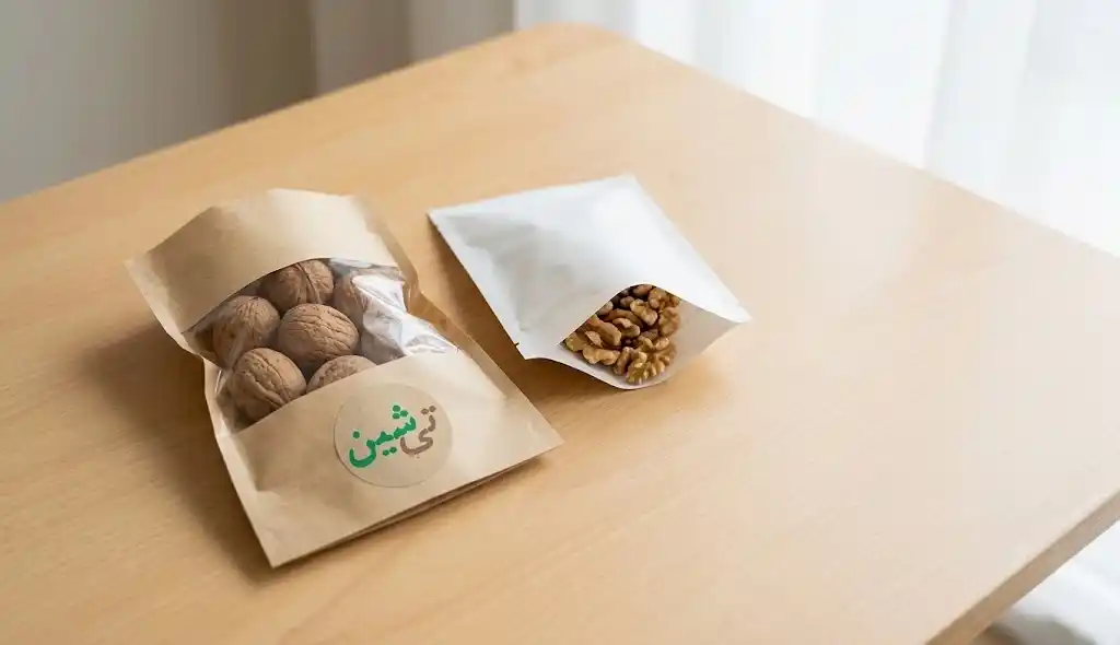 بسته بندی تمیز و مرتب گردو با پوست و مغز گردو در نور طبیعی روشن