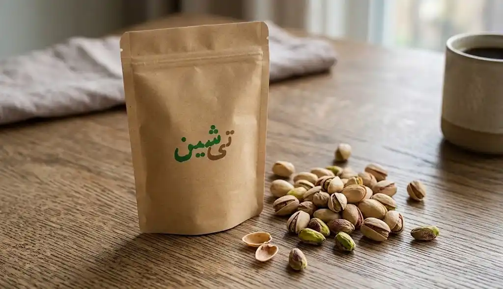 پسته اکبری زعفرانی طلایی و ترد با زعفران قائنات در کاسه شیشه ای، دست در حال برداشتن کنار چای داغ برای پذیرایی تی شین
